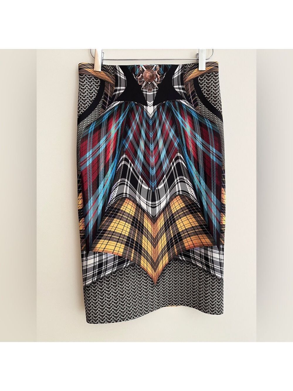CLOVER CANYON Neoprene Pencil Skirt Stretch Bodycon Tartan Multi-Colour Modern